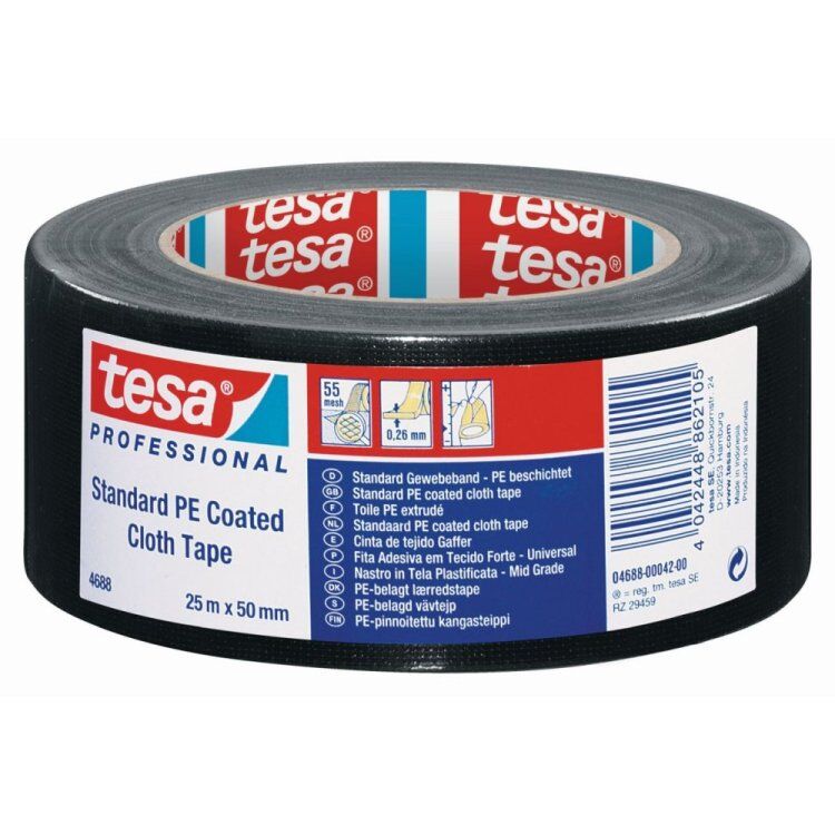 Cinta Americana Negra Standard PE Coated Cloth 04688 25mx50mm Tesa